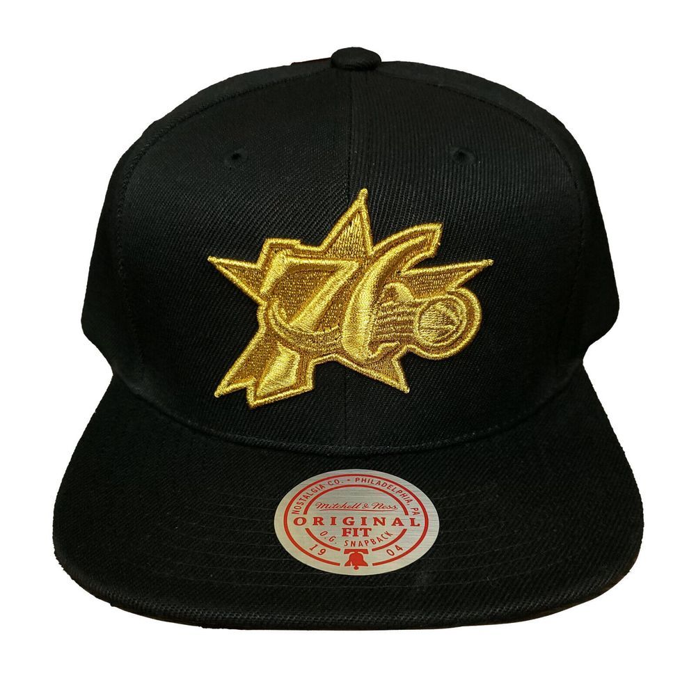 Philadelphia 76ers Mitchell & Ness NBA Snapback Cap Hat Black Gold 3D Logo NWT